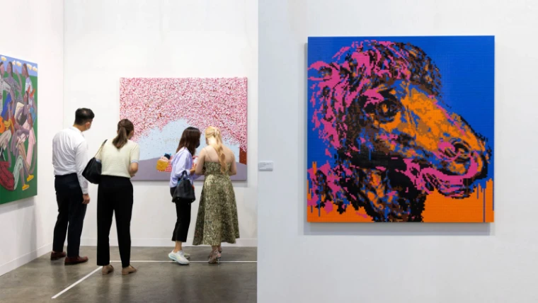 Collectors studying paintings at a gallery booth at Art Basel Hong Kong, the March fair in Wan Chai in the season calendar of The Mansa Court