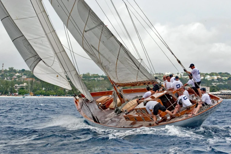 A classic yacht racing in the trade winds off the Barbados coast, at Barbados Sailing Week, Bridgetown, an engagement in the season calendar of The Mansa Court