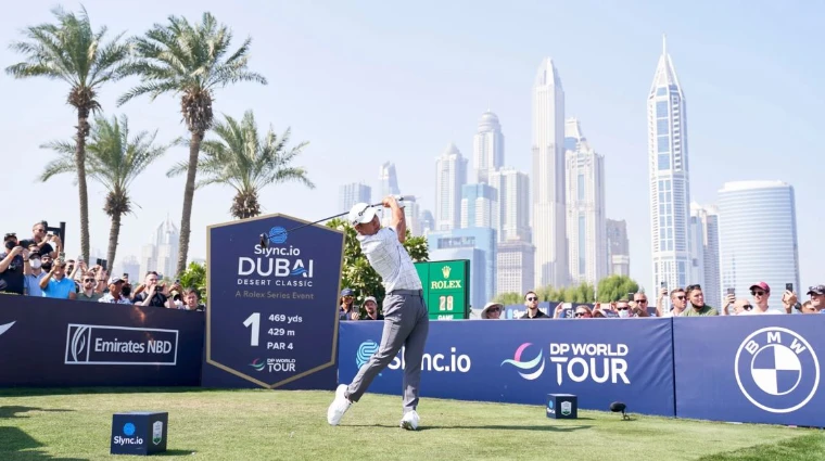Players on the first tee at the Dubai Desert Classic, an engagement in the season calendar of The Mansa Court