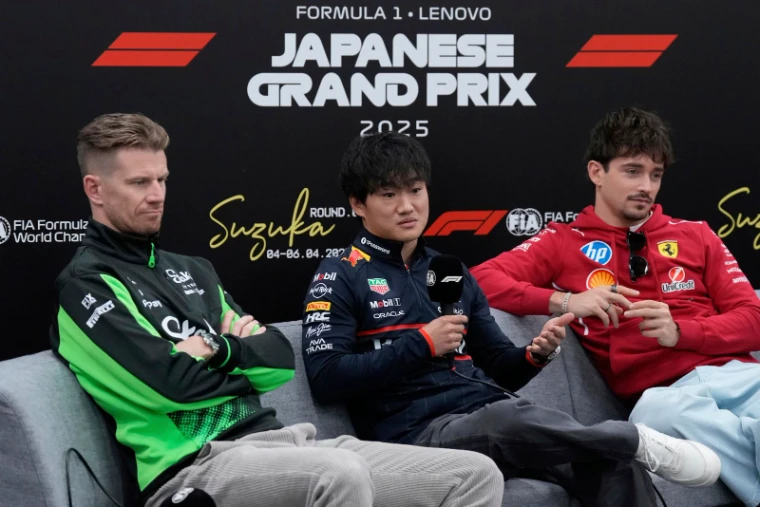 Drivers on the platform at the Japanese Grand Prix press conference at Suzuka, the early-April round of the Formula 1 season in the season calendar of The Mansa Court