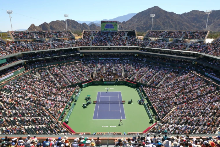 Stadium 1 at the Indian Wells Tennis Garden filled to the rafters beneath the Santa Rosa mountains, the BNP Paribas Open, an engagement in the season calendar of The Mansa Court