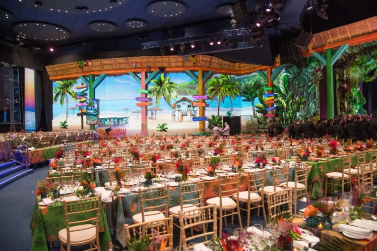 The Salle des Étoiles set for dinner before a themed stage set at Le Bal de la Rose, the Monte Carlo ball in the season calendar of The Mansa Court