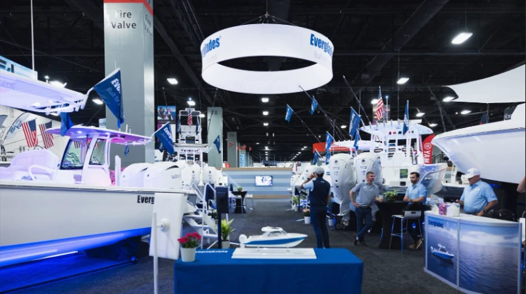Centre-console boats and outboard displays on the exhibition hall floor at the Miami International Boat Show, Miami Beach, an engagement in the season calendar of The Mansa Court