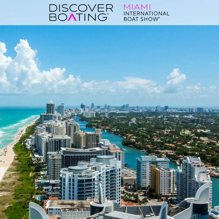 Miami Beach and the Intracoastal Waterway seen from the air, the setting of the Miami International Boat Show, an engagement in the season calendar of The Mansa Court