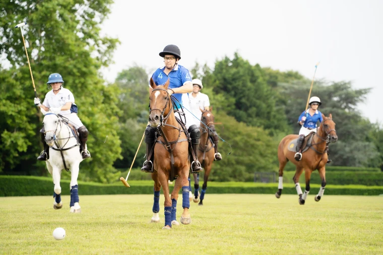 Polo players in white and blue ride toward the ball across a green field ringed by hedges and trees (2025). Polo Hamptons, Lumber Lane, Bridgehampton, New York, shown for Polo in the Hamptons in the season calendar of The Mansa Court