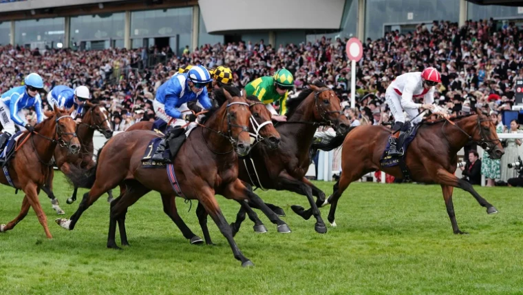 Flat racing at full stretch in front of the grandstand at Royal Ascot, an engagement in the season calendar of The Mansa Court
