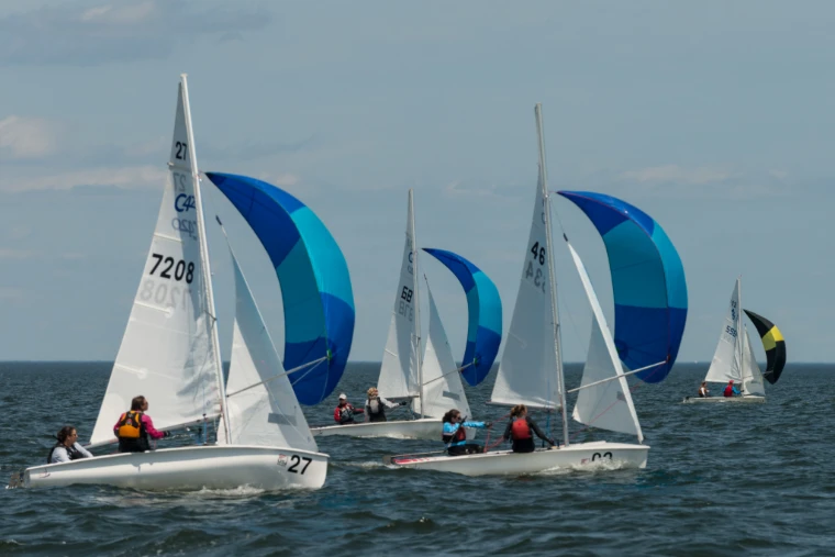 Two-person racing dinghies run downwind under blue and black-and-yellow spinnakers on open water, their crews sitting out on the side (2014). western Long Island Sound, off Glen Cove and Rye, New York, shown for Sailing and Regatta Crewing in the season calendar of The Mansa Court