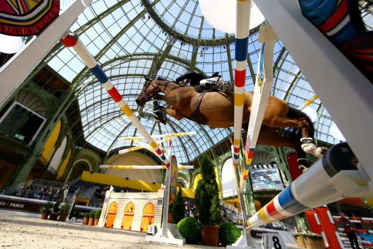 A horse and rider over a fence beneath the glazed roof of the Grand Palais at Saut Hermès, Paris, an engagement in the season calendar of The Mansa Court