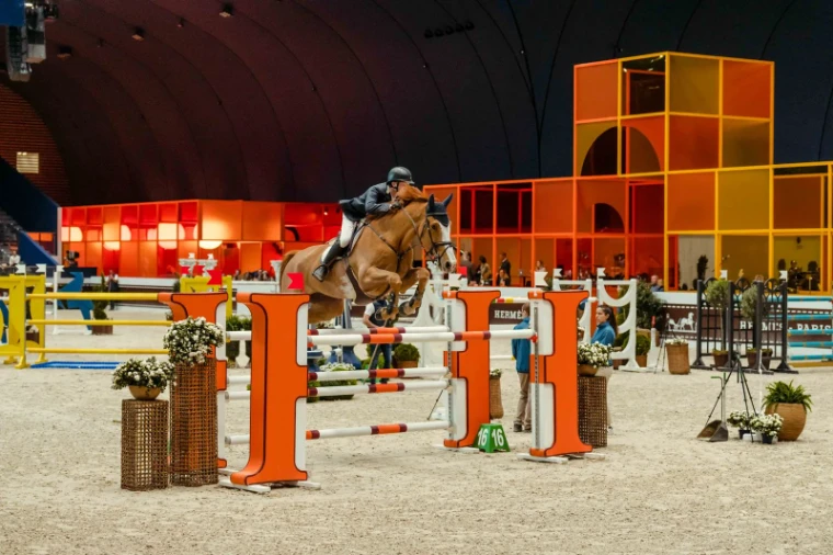 A chestnut clearing the orange H oxer at Saut Hermès, the Paris jumping meeting in the season calendar of The Mansa Court