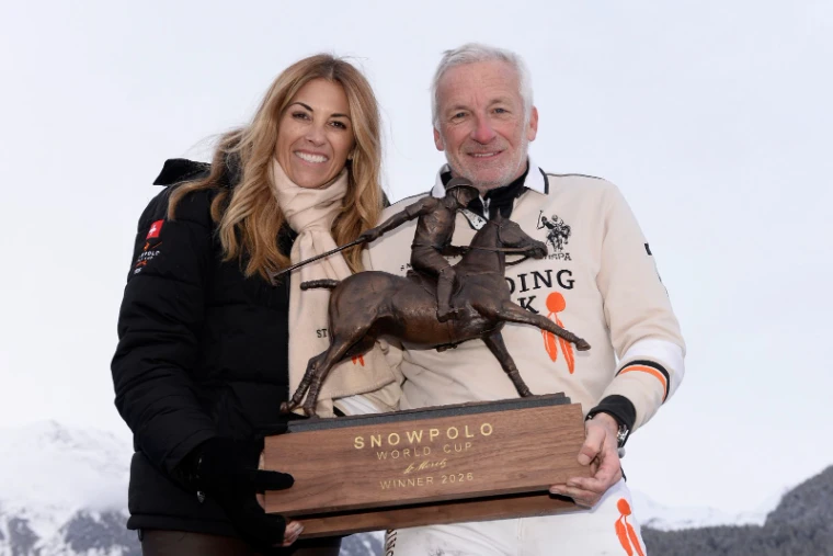 The trophy presentation on the lake on the final Sunday of the Snow Polo World Cup, St. Moritz, an engagement in the season calendar of The Mansa Court