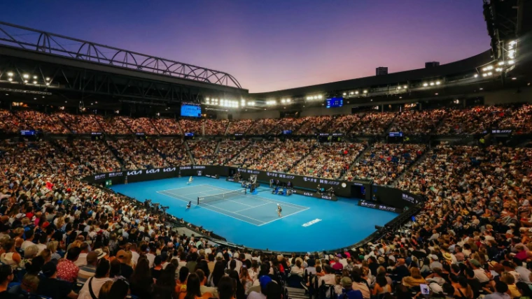 Rod Laver Arena under lights during a night session at the Australian Open, Melbourne Park, an engagement in the season calendar of The Mansa Court