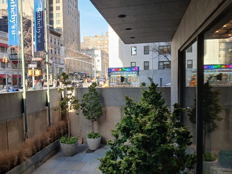 The sunken terrace of the Breuer building with clipped evergreens and planters, blue Sotheby’s banners on lamp posts along Madison Avenue above (2025).