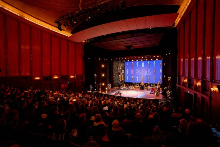 A full house in a red-panelled theatre for the Teddy Award ceremony at The Berlinale, an engagement in the season calendar of The Mansa Court