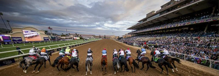 A field of racehorses just away from the starting gate on the dirt, the full grandstand to the right under a cloudy sky.