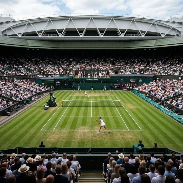 A singles match on the striped grass beneath the open roof and the full stands of the show court at The Championships, Wimbledon, London, an engagement in the season calendar of The Mansa Court