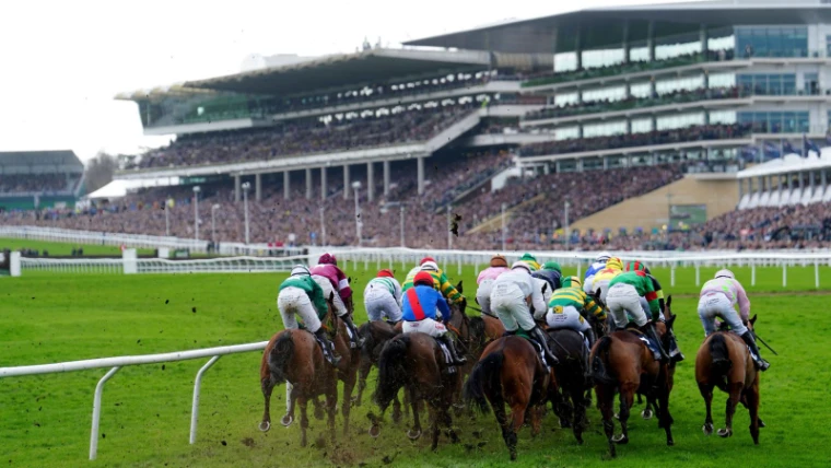 The field turning for home before the packed grandstands at The Cheltenham Festival, Cheltenham, the four days of March jump racing in the season calendar of The Mansa Court
