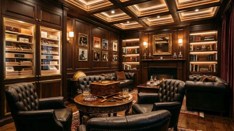 Leather armchairs around a low table in a panelled room with a coffered ceiling, lit cabinets of cigar boxes along the walls, for The Cigar Room, New York, a March evening in the season calendar of The Mansa Court