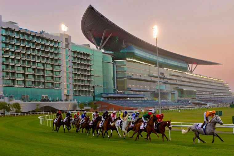The field on the turf past the Meydan grandstand at dusk on Dubai World Cup night, the March meeting in the season calendar of The Mansa Court