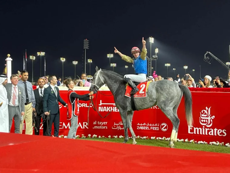 A winning jockey saluting on a grey in the winner’s enclosure at the Dubai World Cup, Meydan, in the season calendar of The Mansa Court