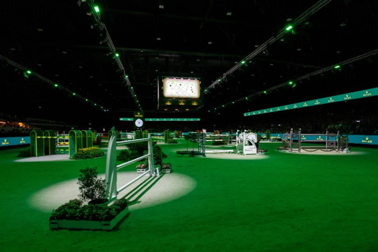 The course set out in the Brabanthallen arena under green light before the Rolex Grand Prix at The Dutch Masters, ’s-Hertogenbosch, an engagement in the season calendar of The Mansa Court
