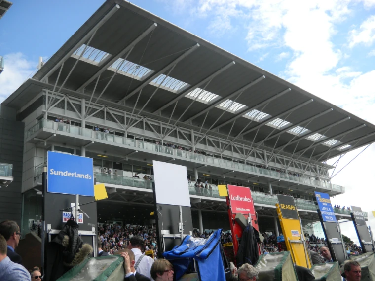 The modern grandstand with its angled roof rises above bookmakers’ boards and racegoers under a blue sky (2010).