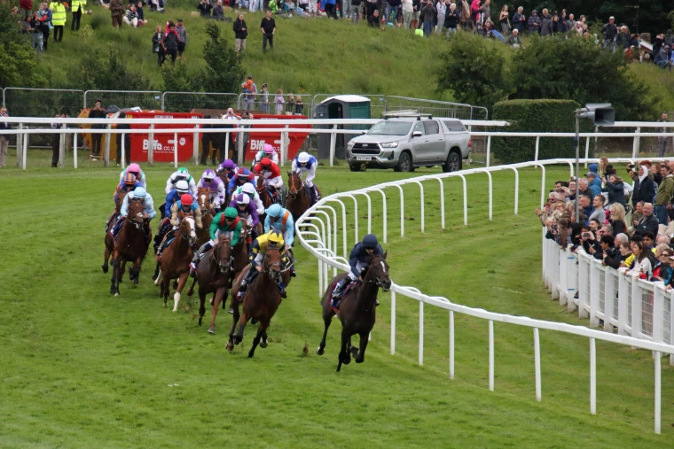 The field swings round Tattenham Corner, the crowd along the rail and on the hill. The Derby at Epsom Downs, Surrey, in the season calendar of The Mansa Court