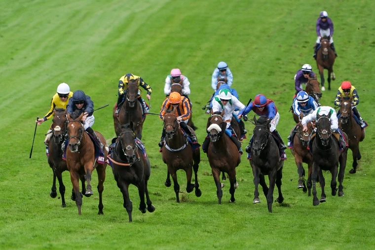 The field charges up the home straight in the Derby, jockeys’ silks bright against the turf. The Derby at Epsom Downs, Surrey, in the season calendar of The Mansa Court