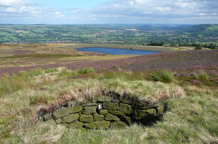 A numbered stone grouse butt topped with grass sits on moorland flowering with purple heather, above a reservoir and green valley (2009).