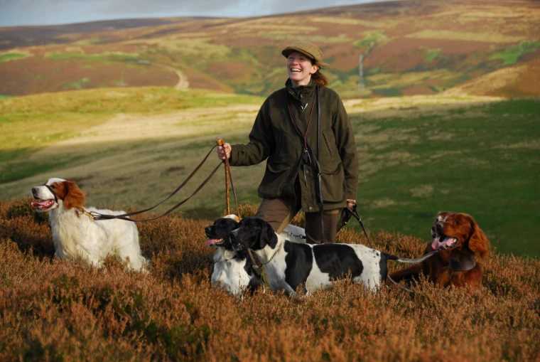A smiling woman in a tweed cap holds four pointers and setters on leads on a heather moor (2008).