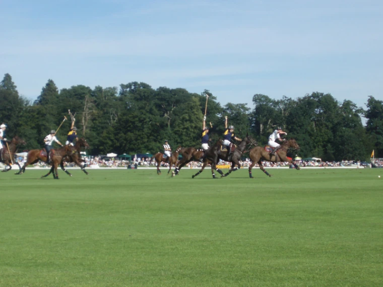 Polo players gallop across a wide green field in front of crowded stands, marquees and tall trees on a sunny afternoon (2007). The Gold Cup, Cowdray Park, Midhurst, West Sussex, in the season calendar of The Mansa Court