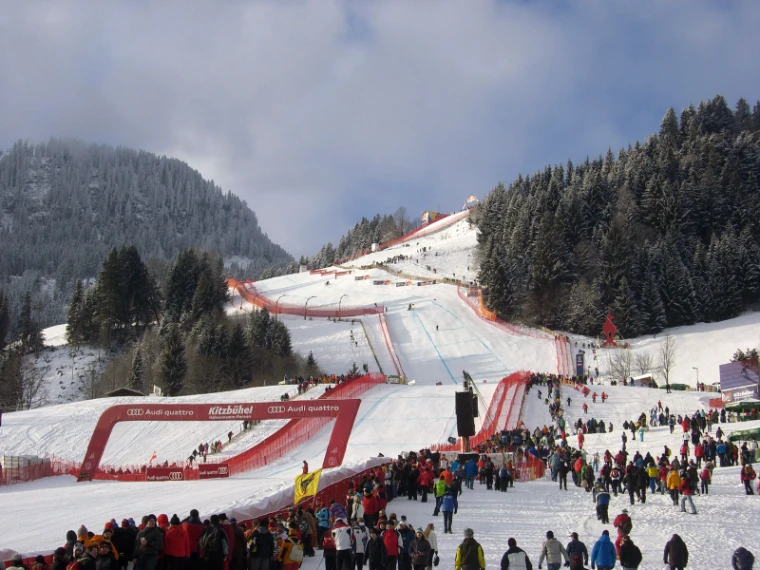 The finish arena beneath the Hausberg at the Hahnenkamm Races in Kitzbühel, an engagement in the season calendar of The Mansa Court