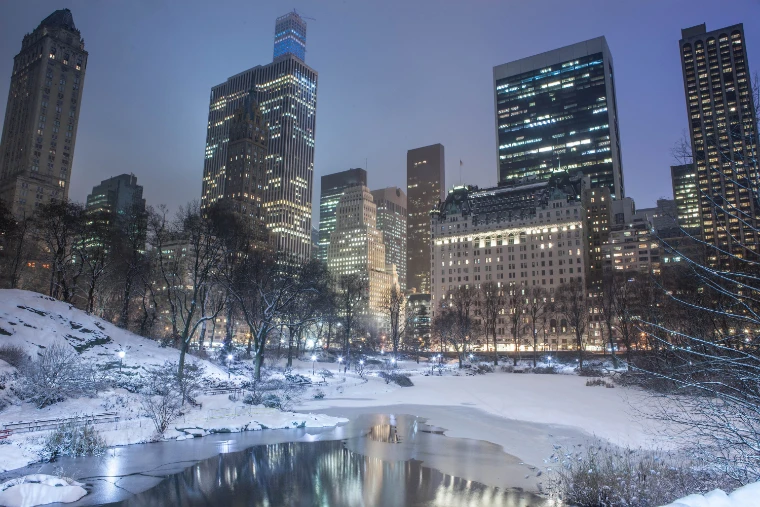 The Plaza Hotel and the towers of Midtown lit at dusk above the snow-covered banks and dark water of the Pond in Central Park (2015).