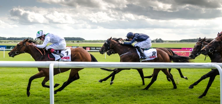 Jockeys drive their horses along the white rail on the open turf of the Curragh under a broad cloudy sky (2014). The Curragh Racecourse, Co. Kildare, Ireland, shown for The Irish Derby in the season calendar of The Mansa Court