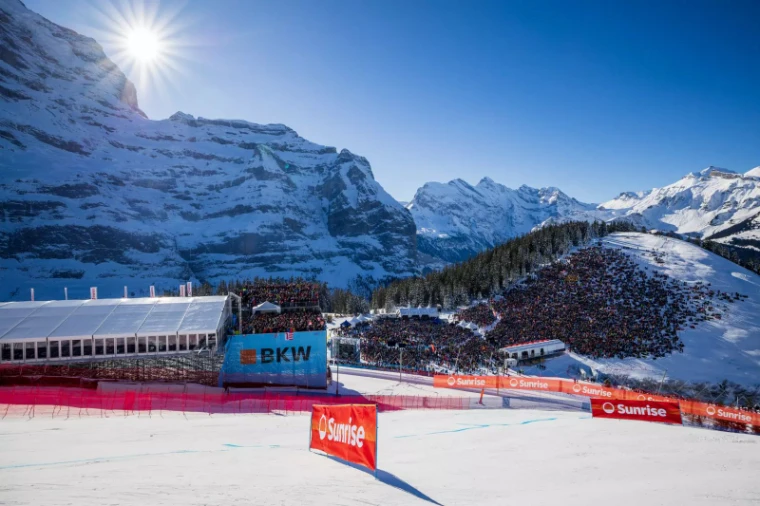 The crowd in the finish arena of the Lauberhorn races at Wengen, an engagement in the season calendar of The Mansa Court