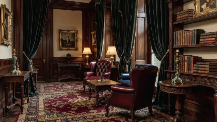 A panelled library with full bookshelves, green curtains, leather reading chairs and a patterned rug, for The Literary Salon, New York, a late-March evening in the season calendar of The Mansa Court