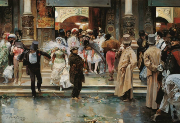 A painting of masked revellers in dominoes, gowns and top hats spilling from the doors of a ballroom onto wet steps, for The Masquerade Ball, New York in the season calendar of The Mansa Court