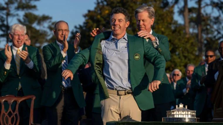 The green jacket presented to the champion at the close of The Masters, Augusta National Golf Club, Augusta, Georgia, an April engagement in the season calendar of The Mansa Court