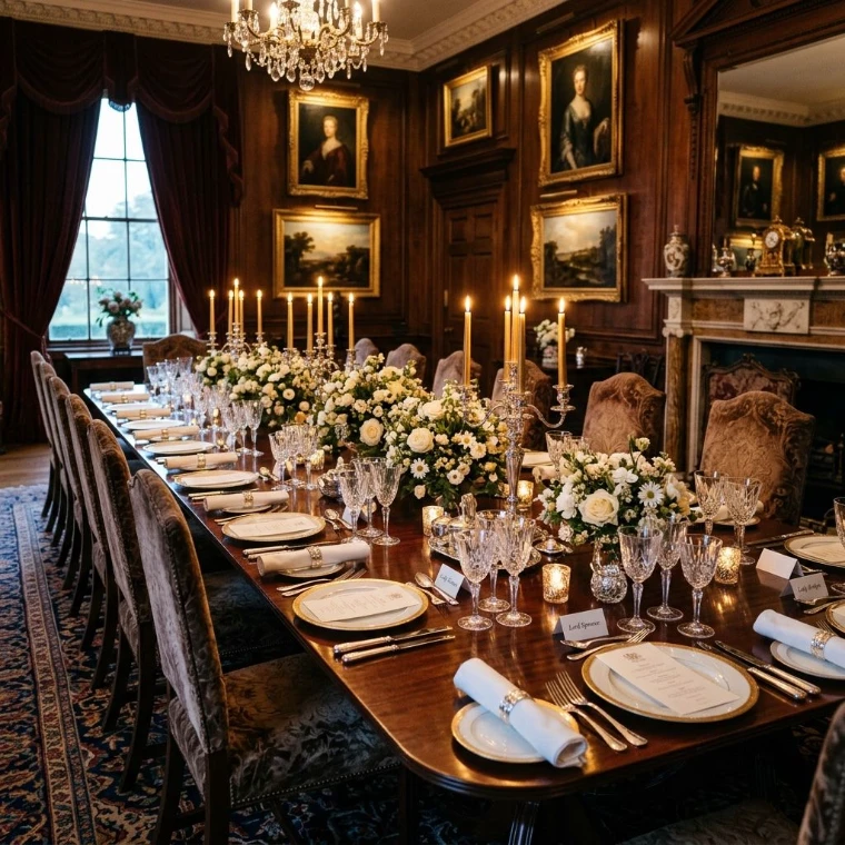 A long table laid with white flowers, candles and crystal beneath a chandelier in a panelled room hung with portraits, for The New Year Luncheon, New York, early January in the season calendar of The Mansa Court