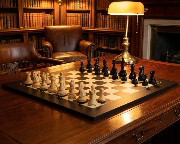 A chessboard set for play on a wooden desk beneath a green-shaded lamp, a leather armchair and bookshelves behind, for The Parlour Evenings, New York in the season calendar of The Mansa Court