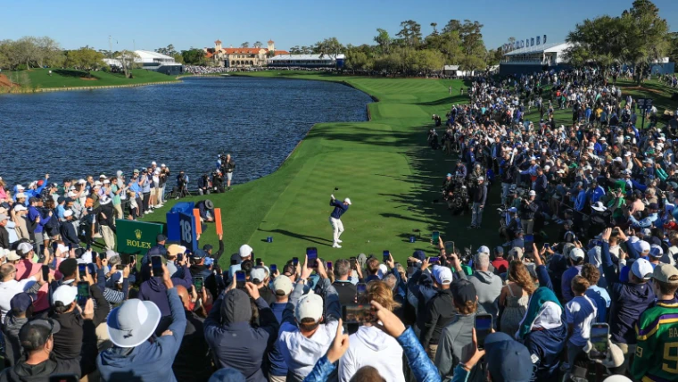 A tee shot down the water’s edge on the eighteenth before the clubhouse at The Players Championship, TPC Sawgrass, an engagement in the season calendar of The Mansa Court