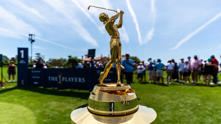 The gold trophy on its plinth beside the first tee at The Players Championship, TPC Sawgrass, Ponte Vedra Beach, Florida, a March engagement in the season calendar of The Mansa Court