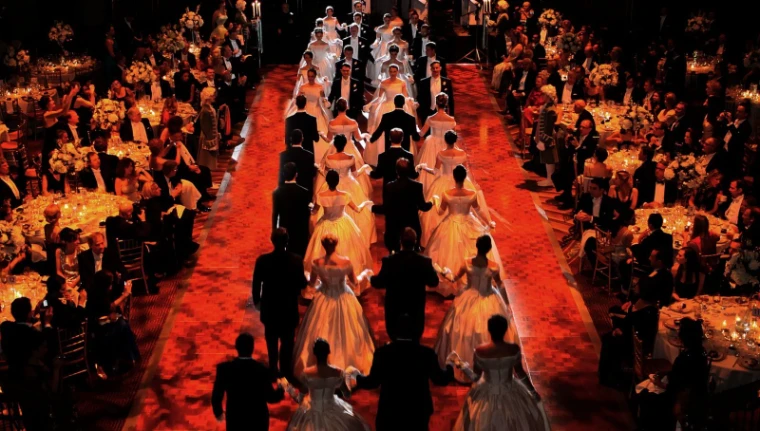 Debutantes and their escorts dance the set quadrille in the Grand Ballroom of The Plaza at The Quadrille Ball, New York, an engagement in the season calendar of The Mansa Court