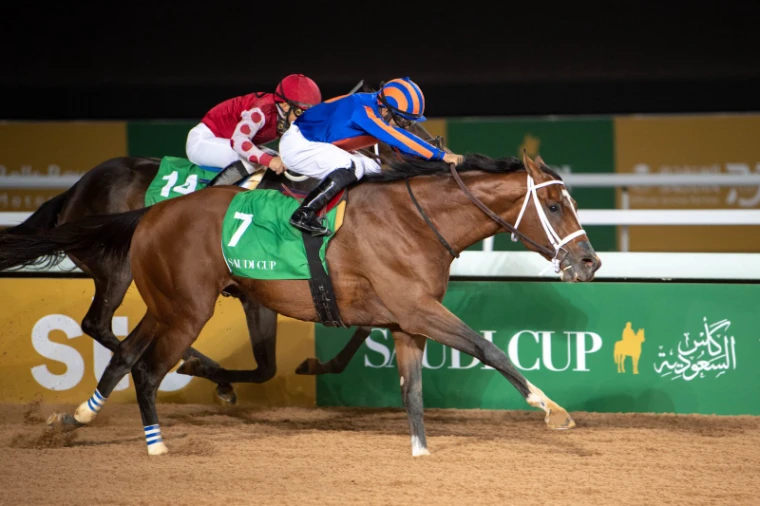 A bay colt in blue and orange silks driven out a length clear at the line on the Riyadh dirt at The Saudi Cup, an engagement in the season calendar of The Mansa Court