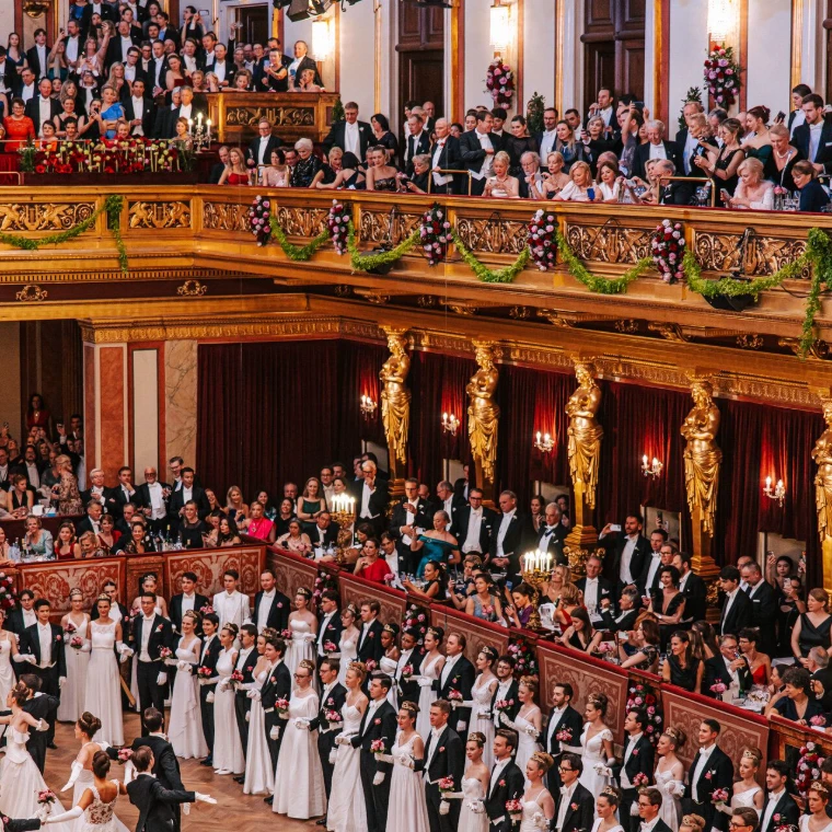 The Golden Hall of the Musikverein, Vienna, dressed for a ball of the season, at The Vienna Ball Season, an engagement in the season calendar of The Mansa Court