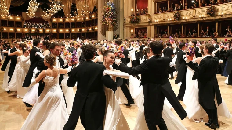 Couples waltzing under the chandeliers late in the evening at a Vienna ball, at The Vienna Ball Season, an engagement in the season calendar of The Mansa Court