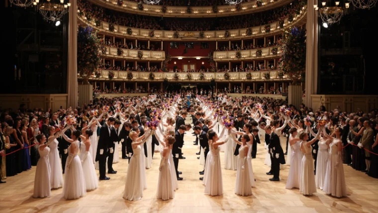 Debutantes raising their bouquets on the ballroom floor below the flower-hung tiers of boxes at The Vienna Opera Ball, an engagement in the season calendar of The Mansa Court