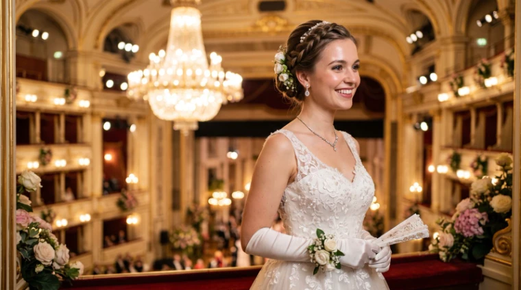 A debutante in a white gown and long gloves at the balustrade before the chandelier of the opera house at The Vienna Opera Ball, an engagement in the season calendar of The Mansa Court