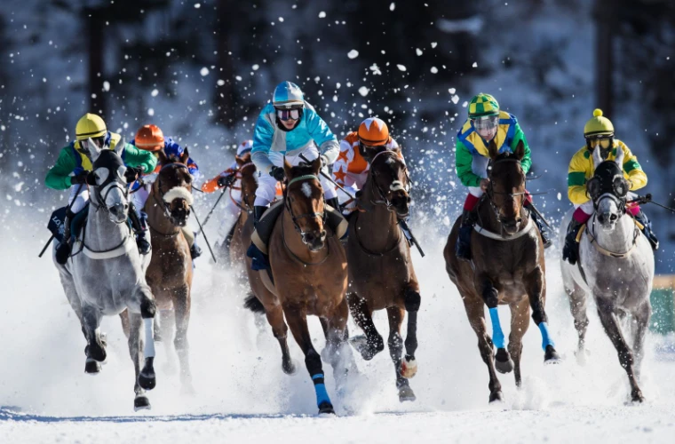 Thoroughbreds and jockeys racing head-on through flying snow on the frozen lake at White Turf, St. Moritz, an engagement in the season calendar of The Mansa Court