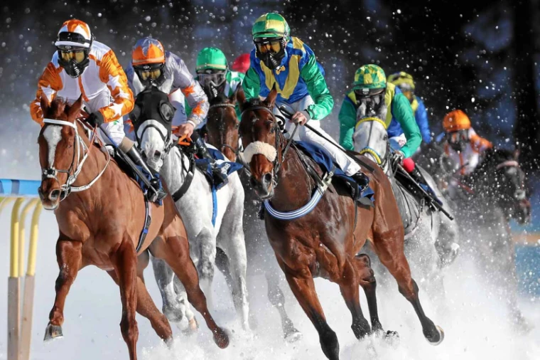 Jockeys in goggles and masks riding the turn in close company at White Turf, St. Moritz, an engagement in the season calendar of The Mansa Court