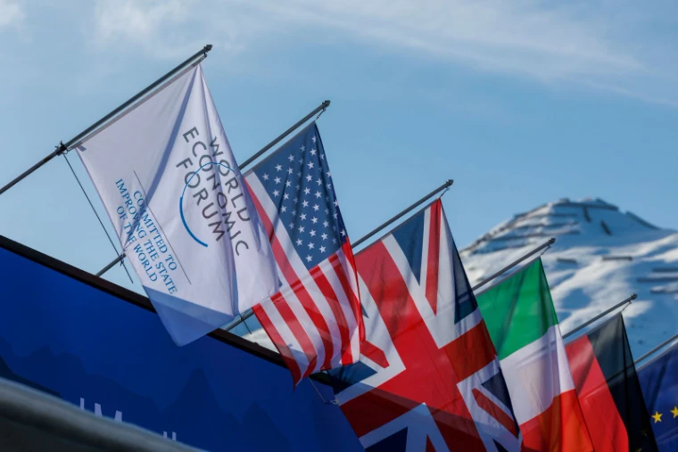 Flags along the snowbound Promenade at Davos during the Forum week, at World Economic Forum, an engagement in the season calendar of The Mansa Court